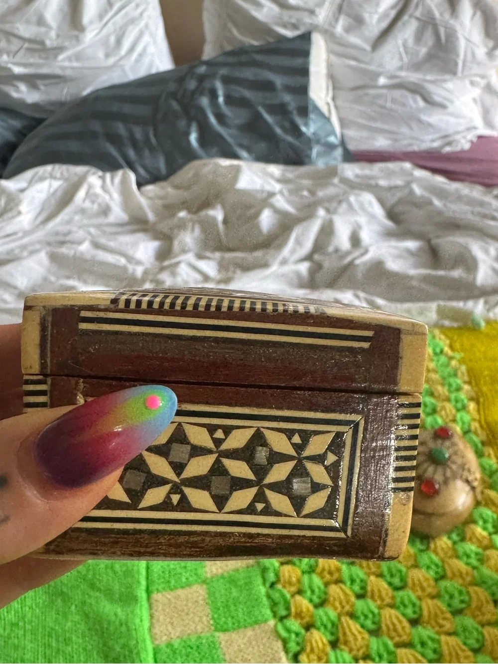 Vintage Wood and bone Trinket Box with Mother of Pearl Inlay